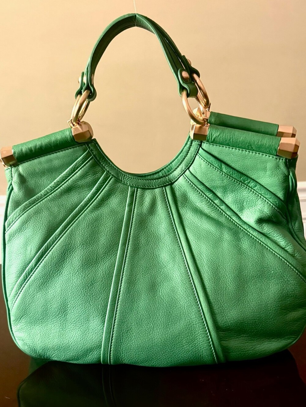 B. Makowsky Florence Shopper Green Shoulder Bag with Gold Hardware - Picture 4 of 7